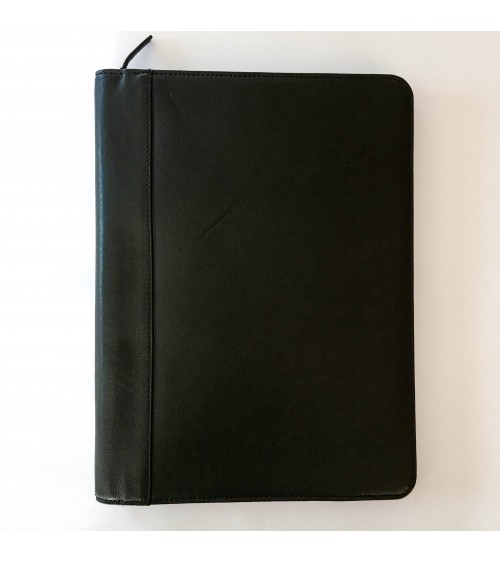 Porte-documents trieur PA Carpe diem A4, zippé cuir noir, 4 compartiments pour documents A4, boucle pour stylo.