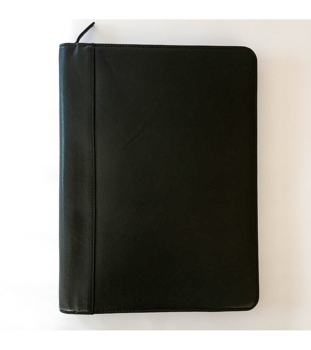 Porte-documents trieur PA Carpe diem A4, zippé cuir noir, 4 compartiments pour documents A4, boucle pour stylo.