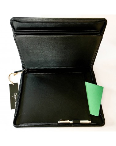 Porte-documents trieur PA Carpe diem A4, zippé cuir noir, 4 compartiments pour documents A4, boucle pour stylo.