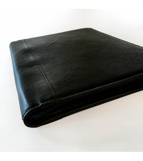 Porte-documents trieur PA Carpe diem A4, zippé cuir noir, 4 compartiments pour documents A4, boucle pour stylo.