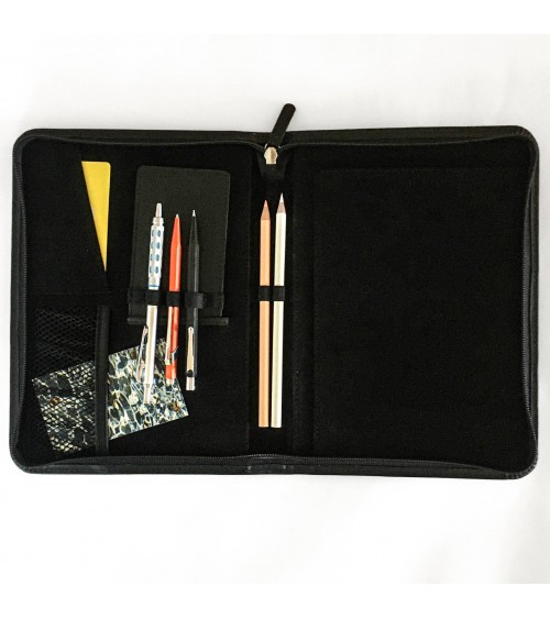 Porte-bloc Kaweco, A5, zippé cuir noir, 1 compartiment pour cartes, cinq boucles pour stylos, bloc-notes.