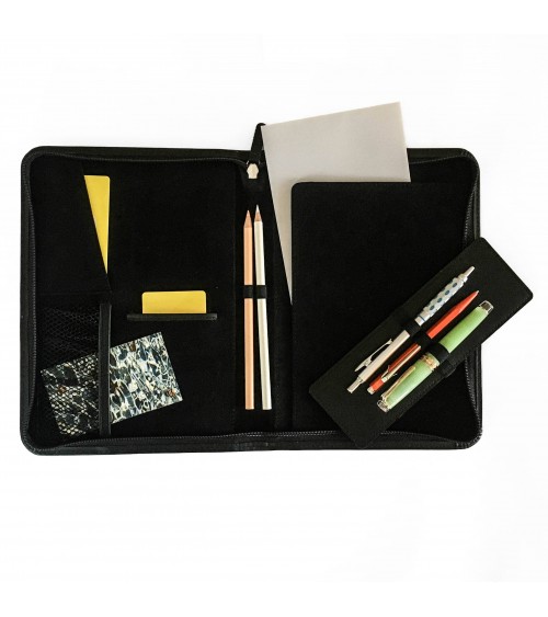 Porte-bloc Kaweco, A5, zippé cuir noir, 1 compartiment pour cartes, cinq boucles pour stylos, bloc-notes.