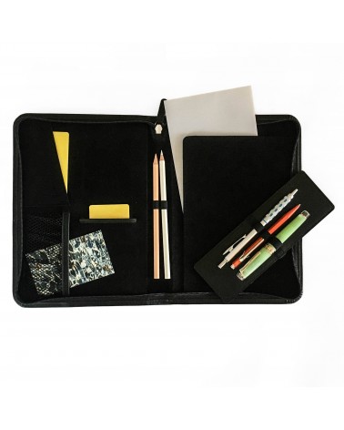 Porte-bloc Kaweco, A5, zippé cuir noir, 1 compartiment pour cartes, cinq boucles pour stylos, bloc-notes.
