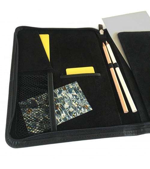 Porte-bloc Kaweco, A5, zippé cuir noir, 1 compartiment pour cartes, cinq boucles pour stylos, bloc-notes.
