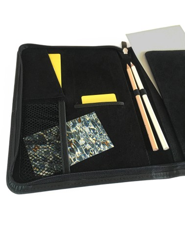 Porte-bloc Kaweco, A5, zippé cuir noir, 1 compartiment pour cartes, cinq boucles pour stylos, bloc-notes.