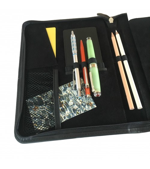 Porte-bloc Kaweco, A5, zippé cuir noir, 1 compartiment pour cartes, cinq boucles pour stylos, bloc-notes.