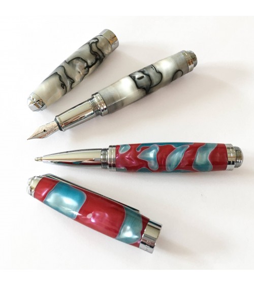 Combinaison stylo-plume Récife Soyouz Pearl Nacre et roller Récife Soyouz Pearl Turquoise-Rouge, fabriqués en France