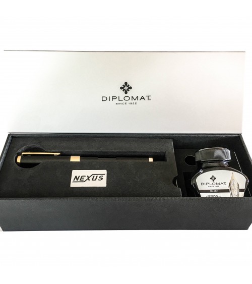 Stylo-plume Diplomat Nexus Noir Doré, réservoir grande capacité, plume or 14 carats, fabriqué en Allemagne