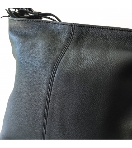 Sac à main EM-EL, modèle Serena, grand, en cuir de vachette premier choix noir. Fabriqué en Europe.