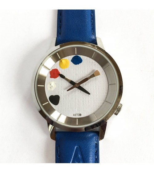 Montre AKTEO Peinture 38 Blanc, bracelet cuir bleu