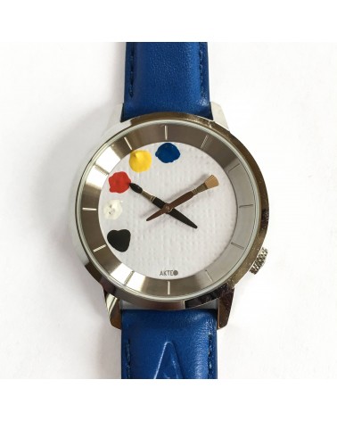 Montre AKTEO Peinture 38 Blanc, bracelet cuir bleu