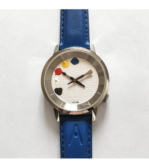 Montre AKTEO Peinture 38 Blanc, bracelet cuir bleu