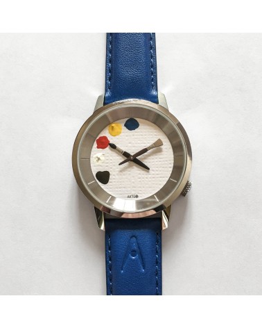 Montre AKTEO Peinture 38 Blanc, bracelet cuir bleu