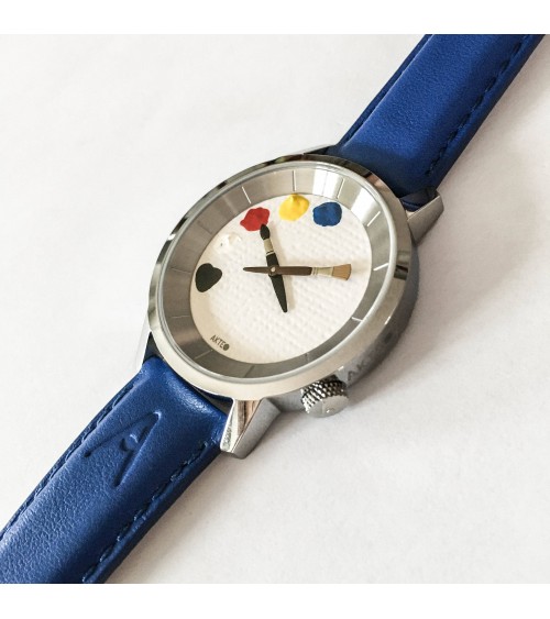 Montre AKTEO Peinture 38 Blanc, bracelet cuir bleu
