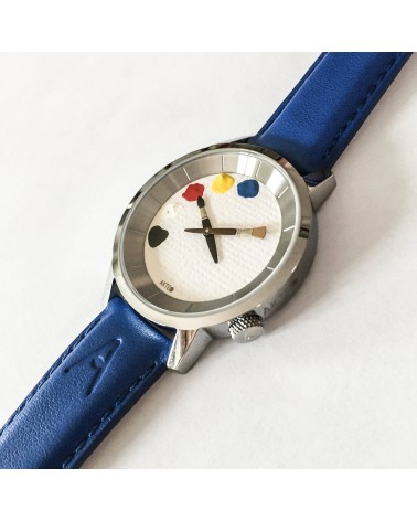 Montre AKTEO Peinture 38 Blanc, bracelet cuir bleu