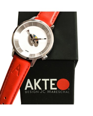 Montre AKTEO Peinture palette 38 Blanc, bracelet cuir rouge
