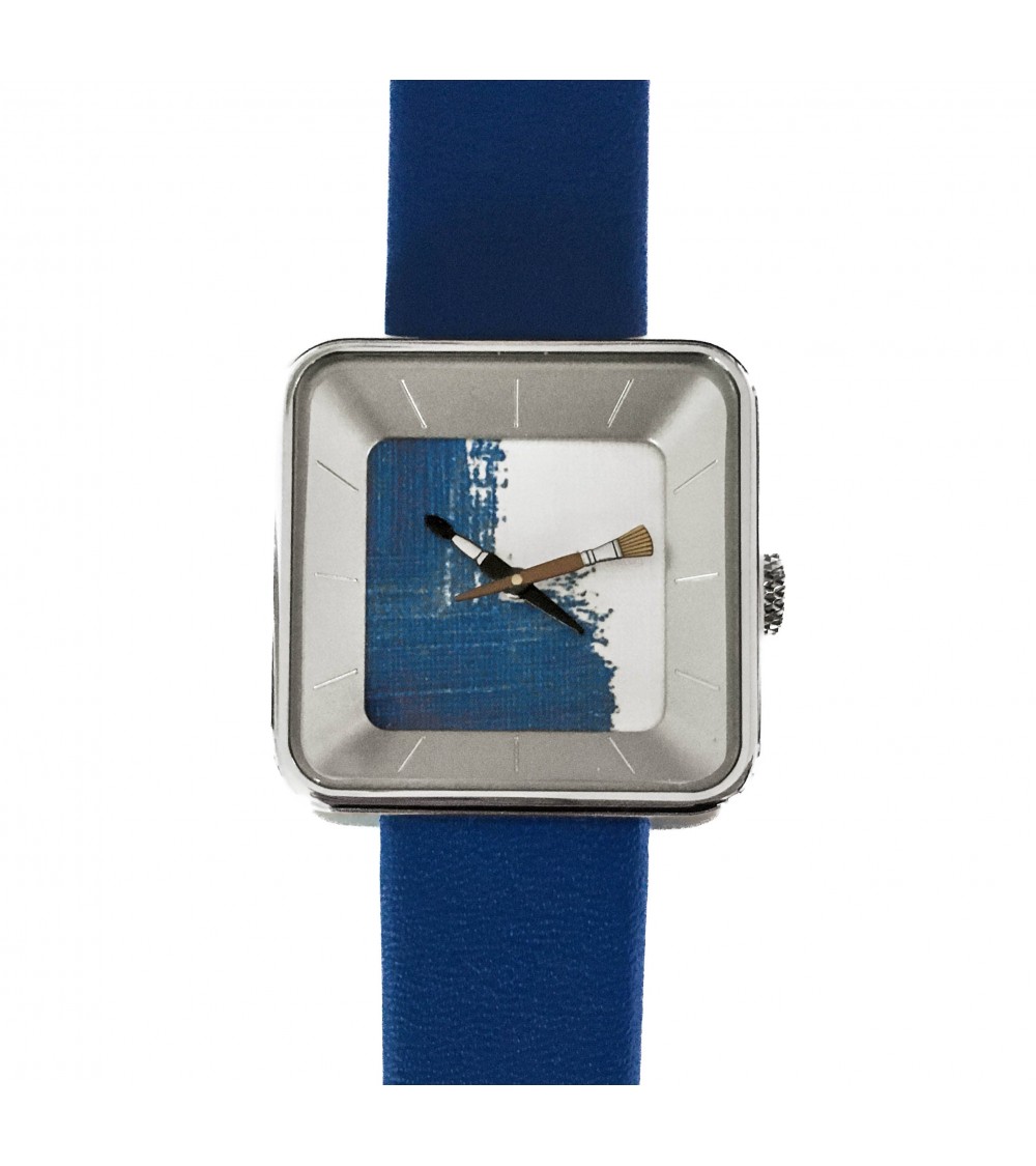 Montre AKTEO Peinture sQuare 29 Bleu, bracelet cuir bleu.