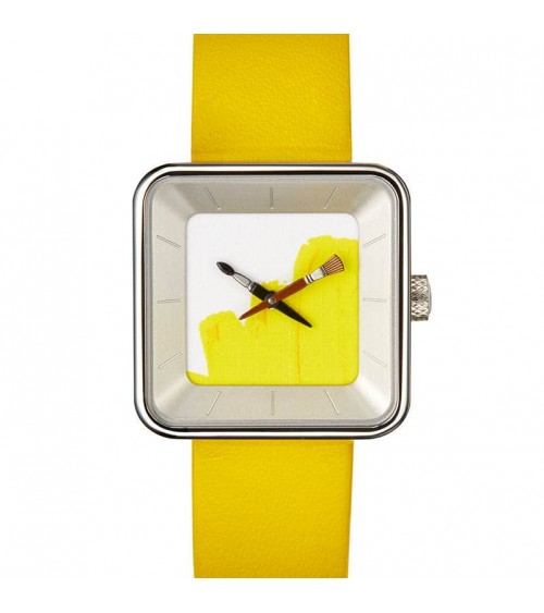 Montre AKTEO Peinture sQuare 29 Jaune, bracelet cuir jaune.