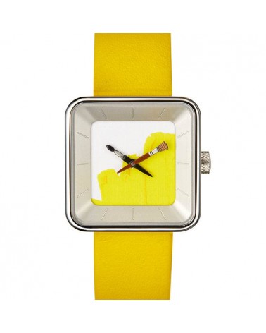 Montre AKTEO Peinture sQuare 29 Jaune, bracelet cuir jaune.