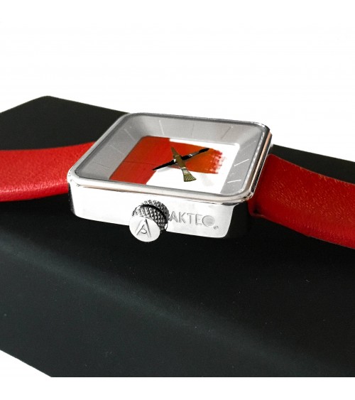 Montre AKTEO Peinture sQuare 29 Rouge, bracelet cuir rouge.