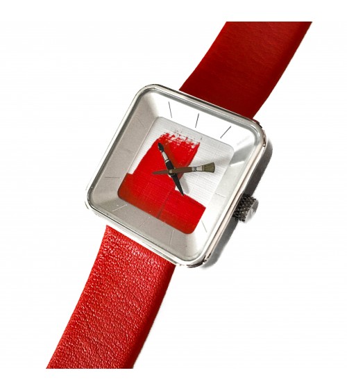 Montre AKTEO Peinture sQuare 29 Rouge, bracelet cuir rouge.