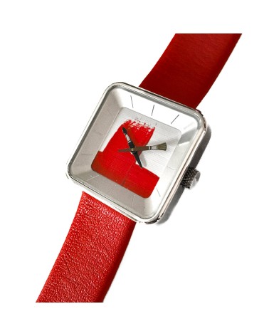 Montre AKTEO Peinture sQuare 29 Rouge, bracelet cuir rouge.
