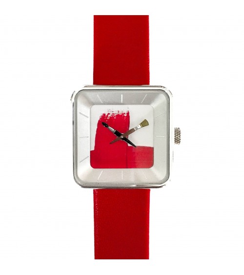 Montre AKTEO Peinture sQuare 29 Rouge, bracelet cuir rouge.