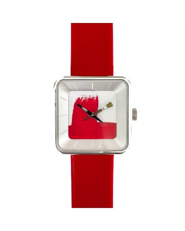 Montre AKTEO Peinture sQuare 29 Rouge, bracelet cuir rouge.