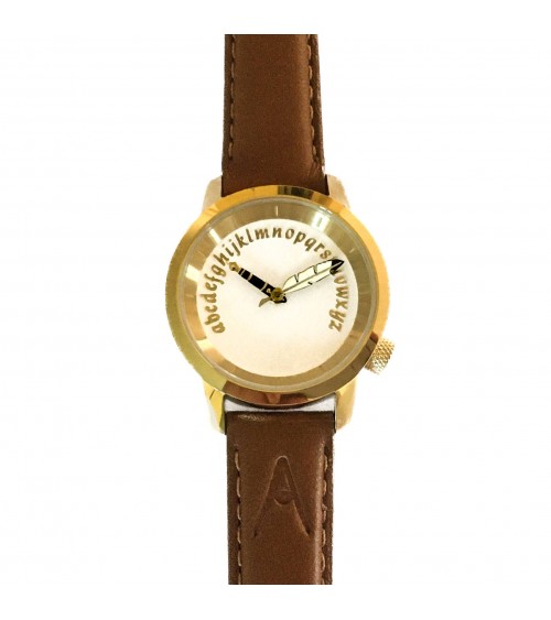 Montre AKTEO Ecrivain 29 Blanc Or, bracelet cuir cognac