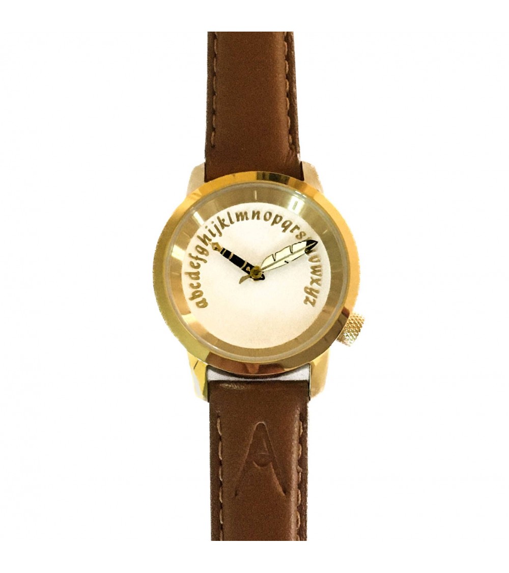 Montre AKTEO Ecrivain 29 Blanc Or, bracelet cuir cognac