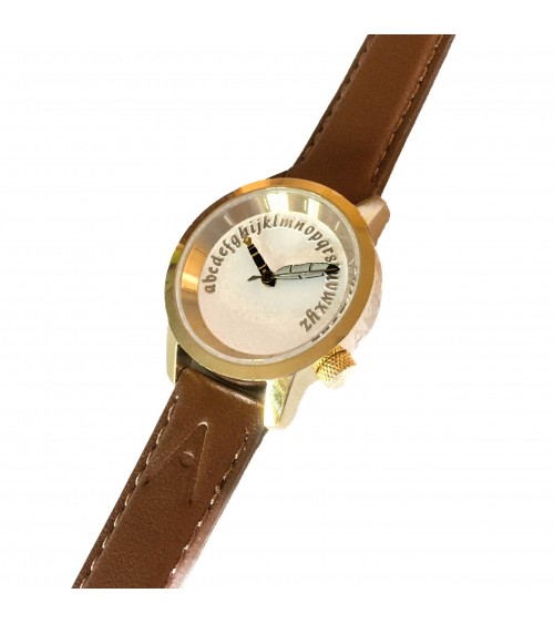 Montre AKTEO Ecrivain 29 Blanc Or, bracelet cuir cognac