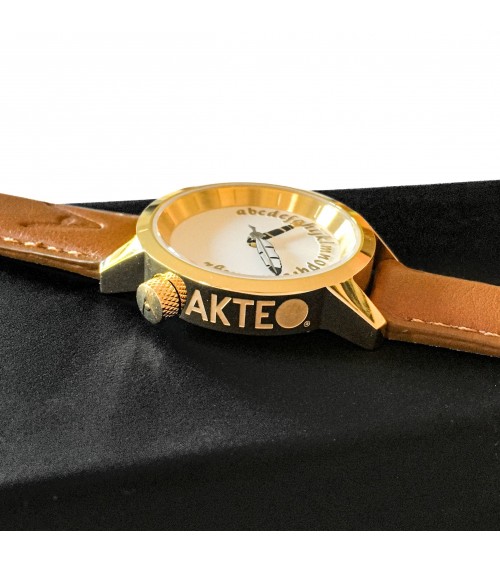 Montre AKTEO Ecrivain 29 Blanc Or, bracelet cuir cognac