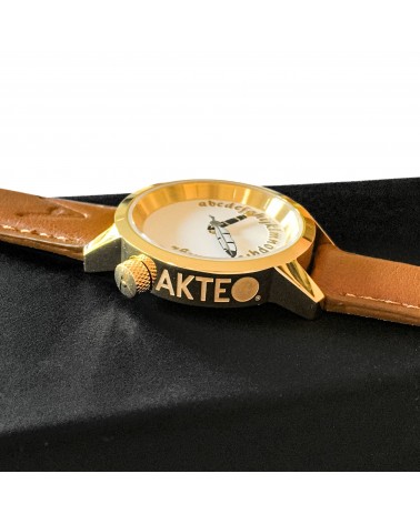 Montre AKTEO Ecrivain 29 Blanc Or, bracelet cuir cognac