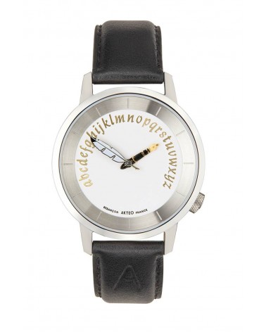 Montre AKTEO Ecrivain 38 Blanc-Acier inox, bracelet cuir noir