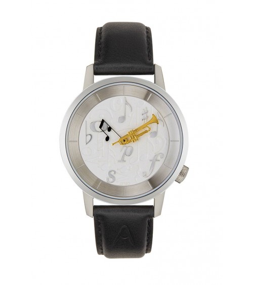 Montre AKTEO Musique Trompette 38 Blanc-Acier inox, bracelet cuir noir