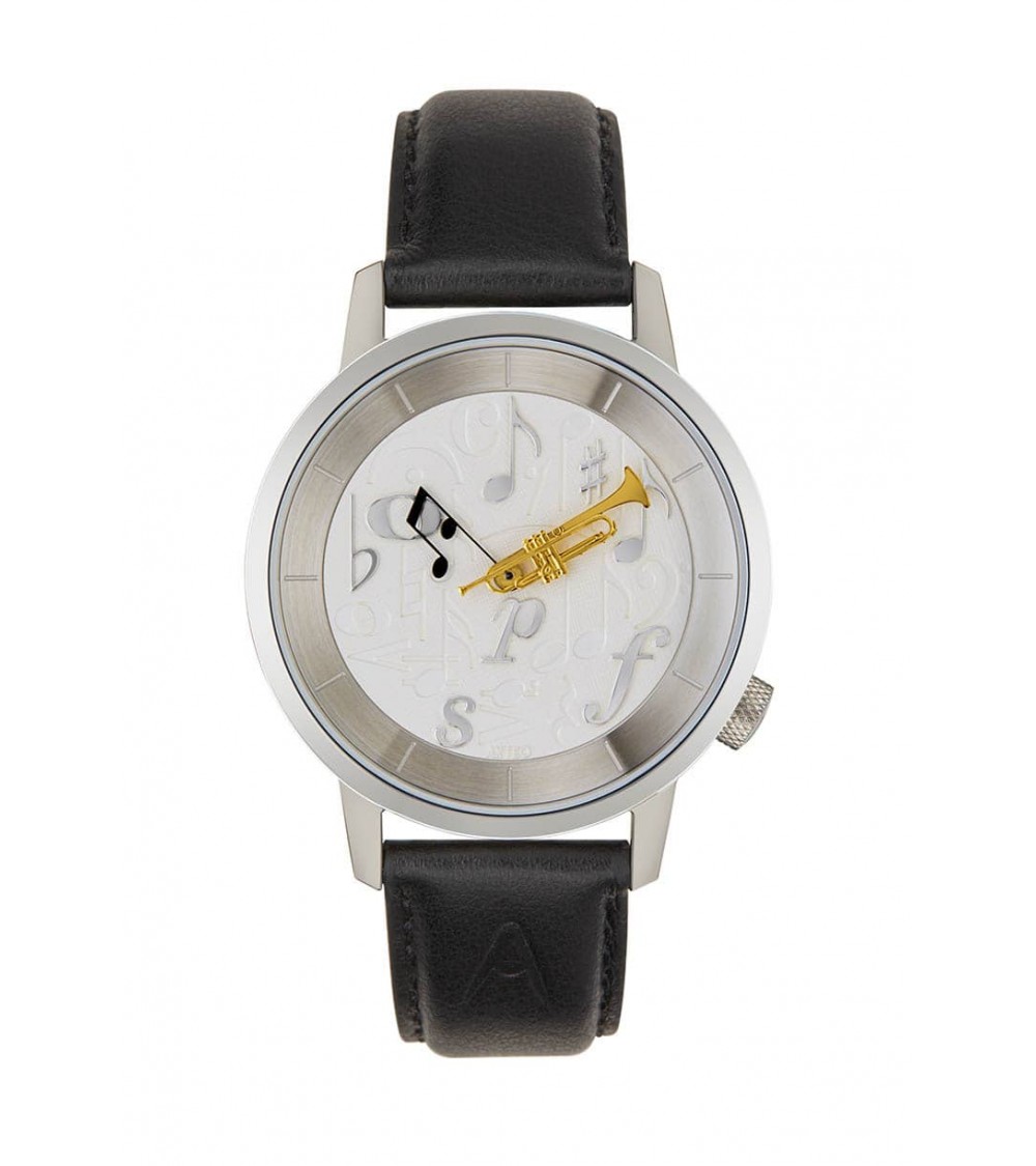 Montre AKTEO Musique Trompette 38 Blanc-Acier inox, bracelet cuir noir