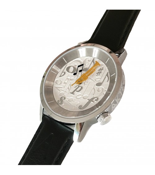 Montre AKTEO Musique Trompette 38 Blanc-Acier inox, bracelet cuir noir