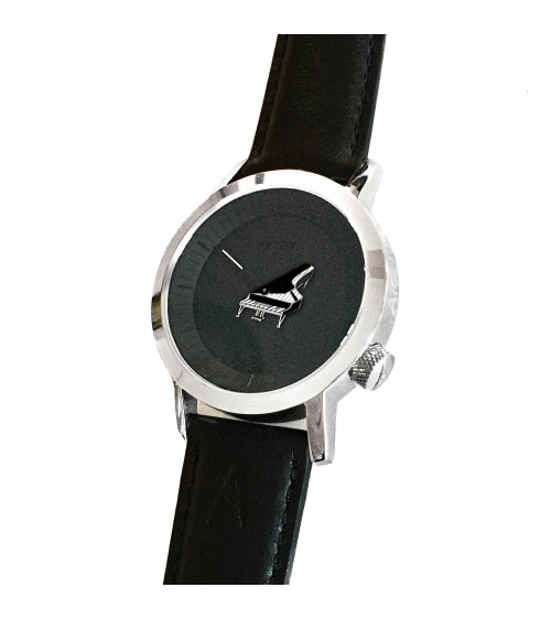 Montre AKTEO Musique Piano à queue 42 Noir-Inox, bracelet cuir noir