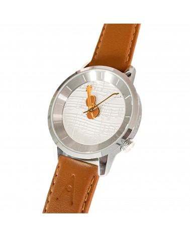 Montre AKTEO Musique Violon 38 Blanc-Acier inox, bracelet cuir cognac