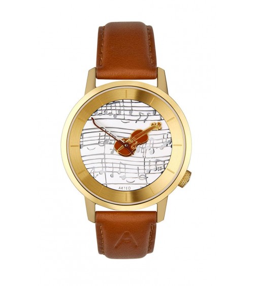 Montre AKTEO Musique Violon 38 Blanc-Or, bracelet cuir cognac