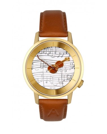 Montre AKTEO Musique Violon 38 Blanc-Or, bracelet cuir cognac