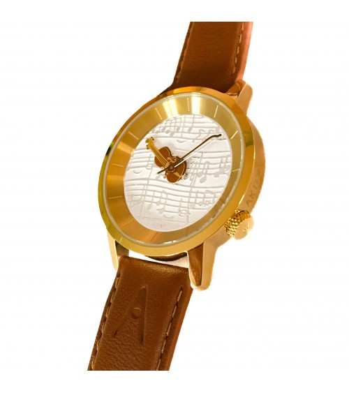 Montre AKTEO Musique Violon 38 Blanc-Or, bracelet cuir cognac