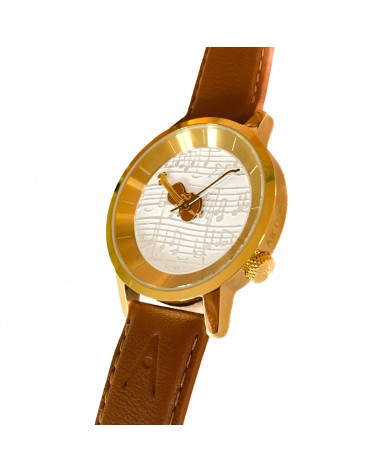 Montre AKTEO Musique Violon 38 Blanc-Or, bracelet cuir cognac