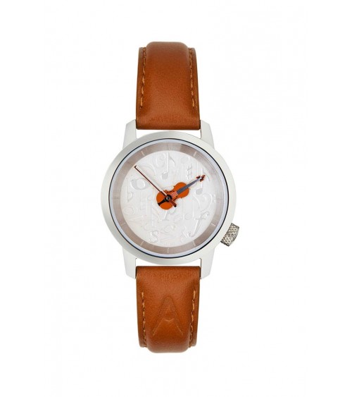 Montre AKTEO Musique Violon 29 Blanc-Acier Inox, bracelet cuir cognac