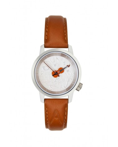 Montre AKTEO Musique Violon 29 Blanc-Acier Inox, bracelet cuir cognac
