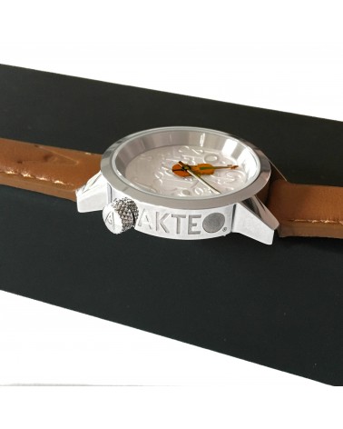 Montre AKTEO Musique Violon 29 Blanc-Acier Inox, bracelet cuir cognac