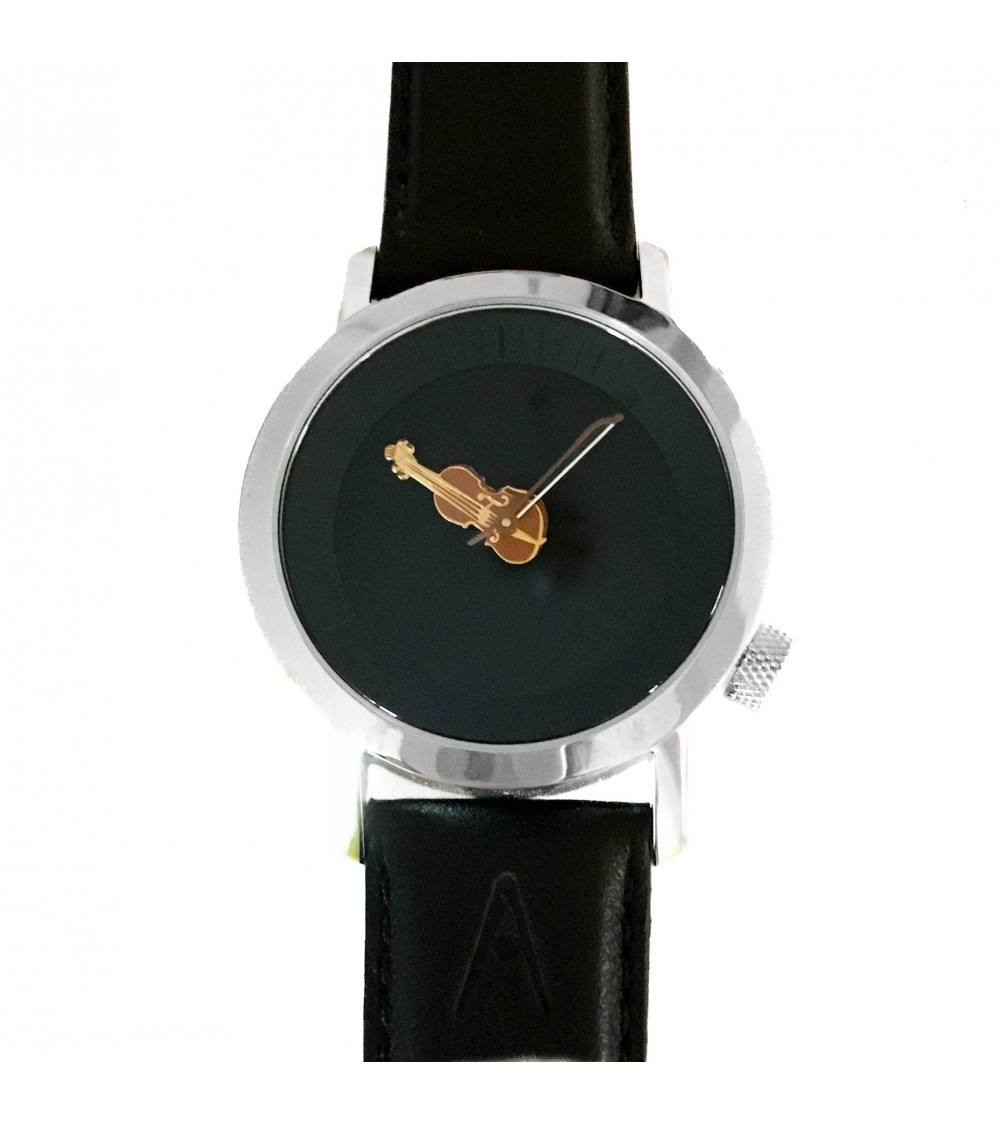 Montre AKTEO Musique Violon 42 Noir-Acier Inox, bracelet cuir noir