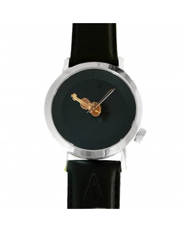 Montre AKTEO Musique Violon 42 Noir-Acier Inox, bracelet cuir noir