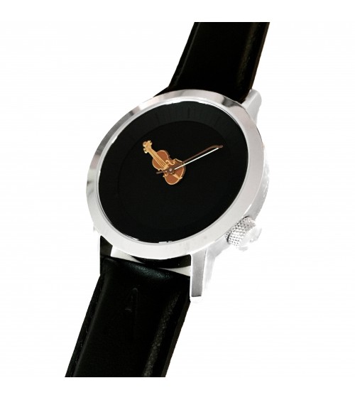 Montre AKTEO Musique Violon 42 Noir-Acier Inox, bracelet cuir noir