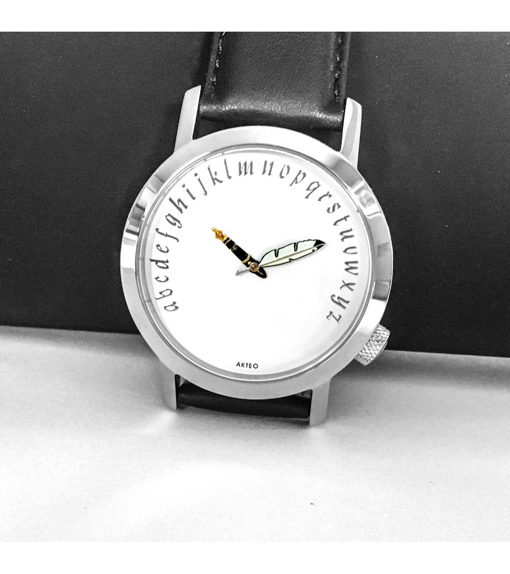 Montre AKTEO Ecrivain 42 blanc, bracelet cuir noir